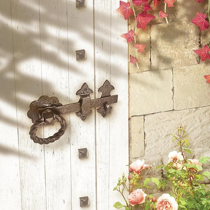 Loquet de portail robuste à anneau torsadé Fleur de Lys Old Hill de 210 mm, noir