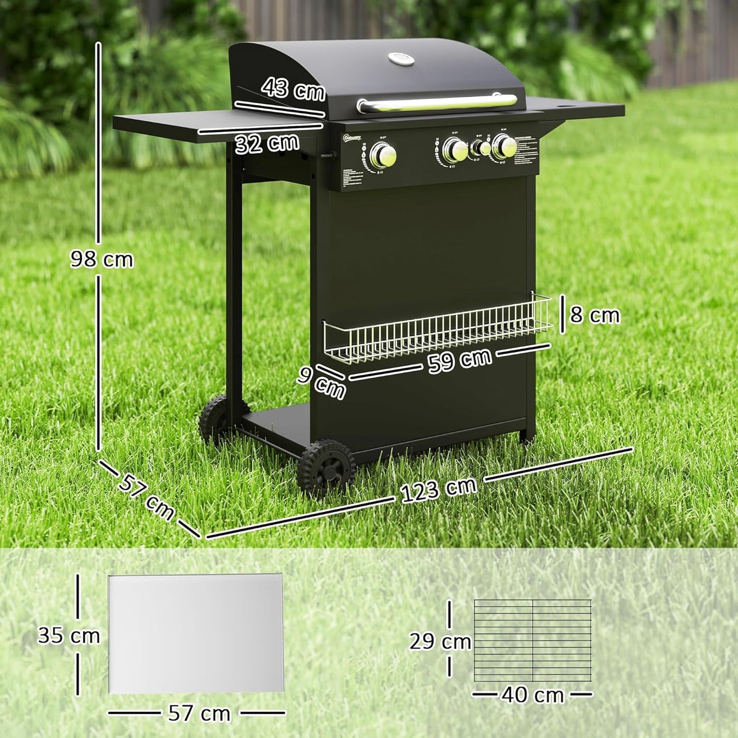Outsunny barbecue gaz 3+1 brûleurs 9,5kW, jardin, chromé, roues, camping, noir