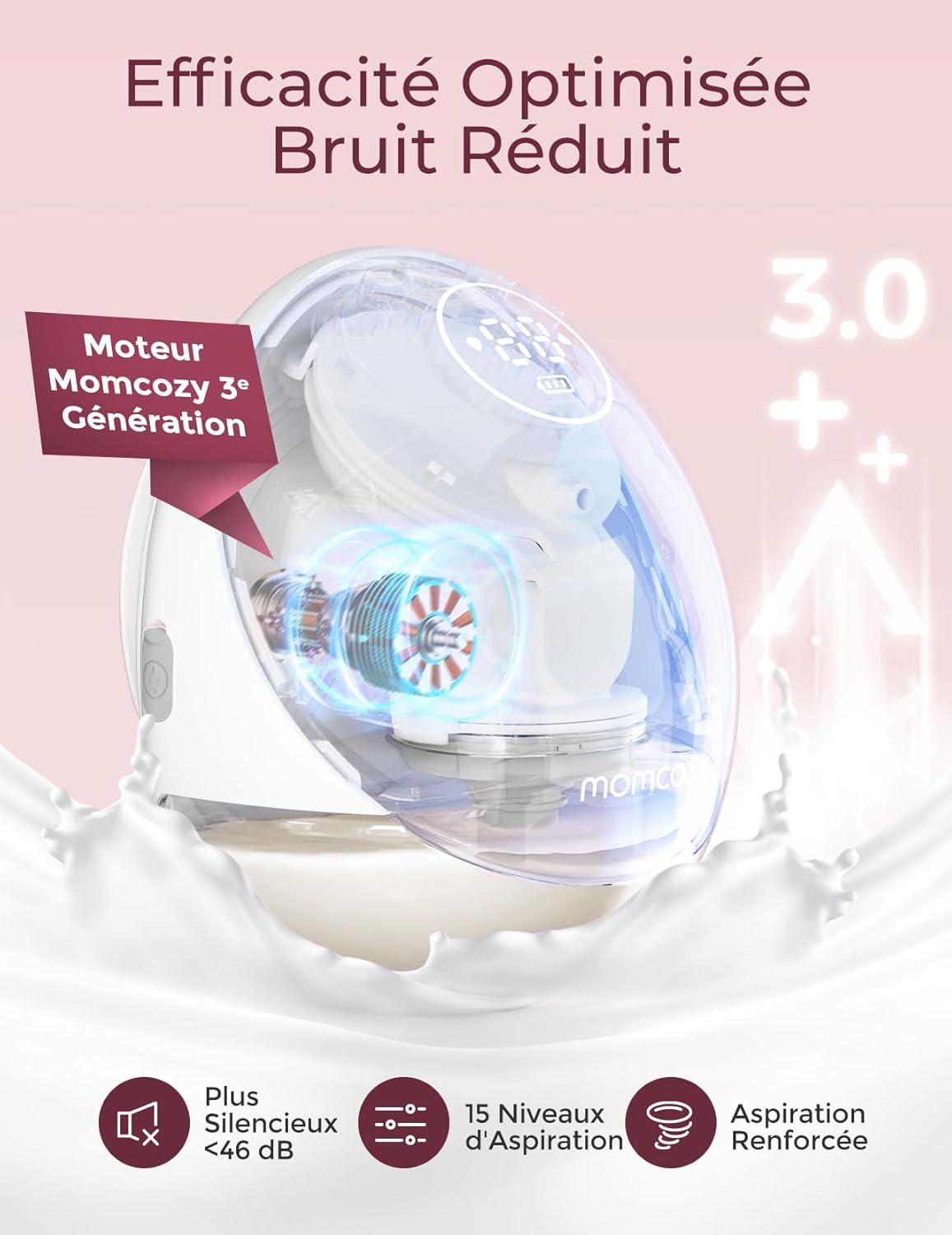 Momcozy M9 tire-lait électrique mains libres, 15 modes, app, double 24mm, rouge