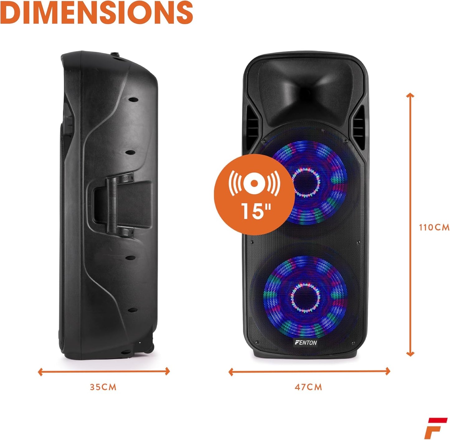 Fenton FT215LED enceinte sono 1600W LEDs Bluetooth, 2x15", batterie intégrée