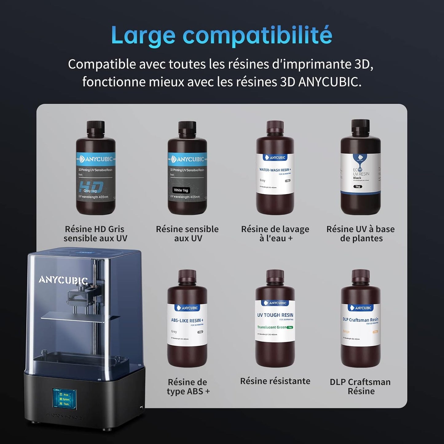 ANYCUBIC Photon Mono 2 imprimante 3D résine 4K, débutants, 143×89×165mm