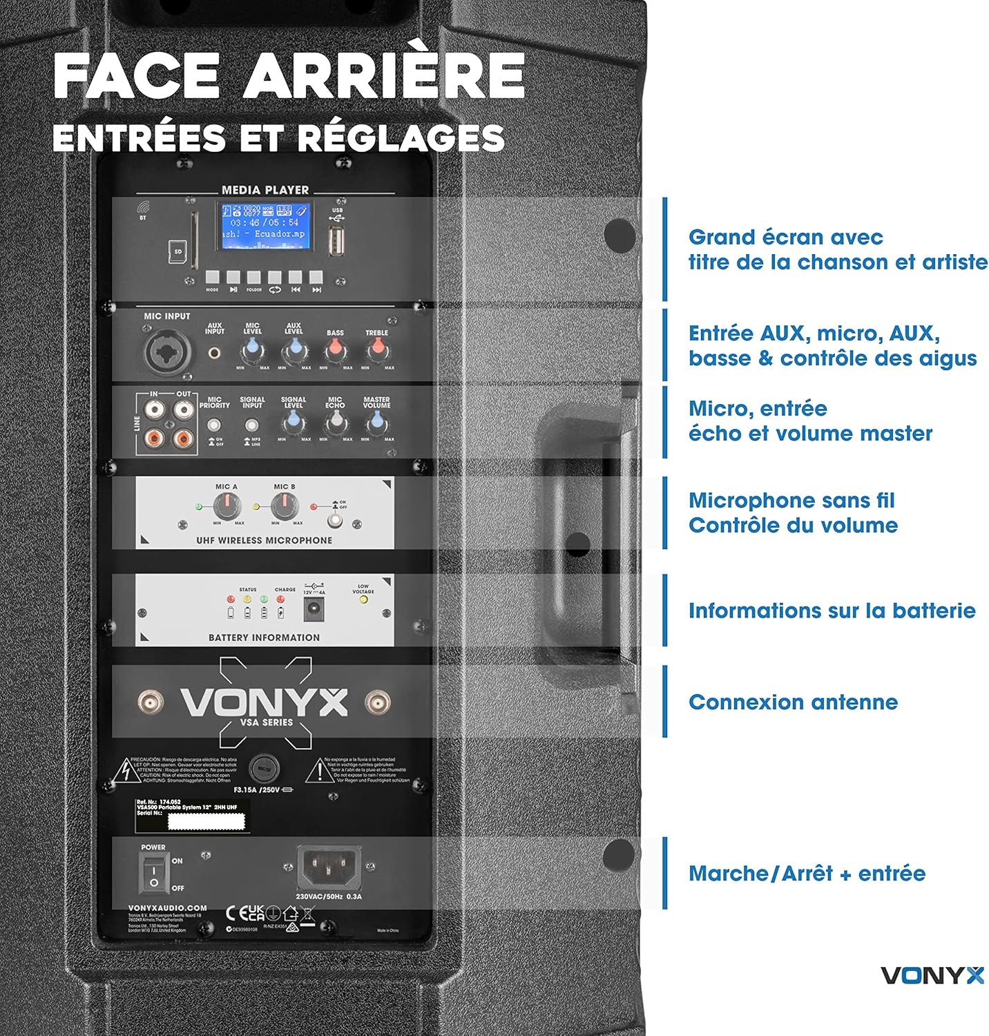 Vonyx VSA700 enceinte active 1000W, 15", BT, batterie, 8h autonomie, 2 micros