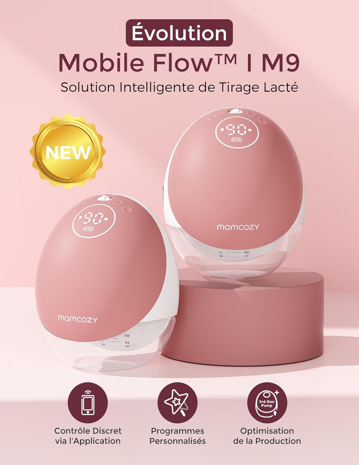 Momcozy M9 tire-lait électrique mains libres, 15 modes, app, double 24mm, rouge