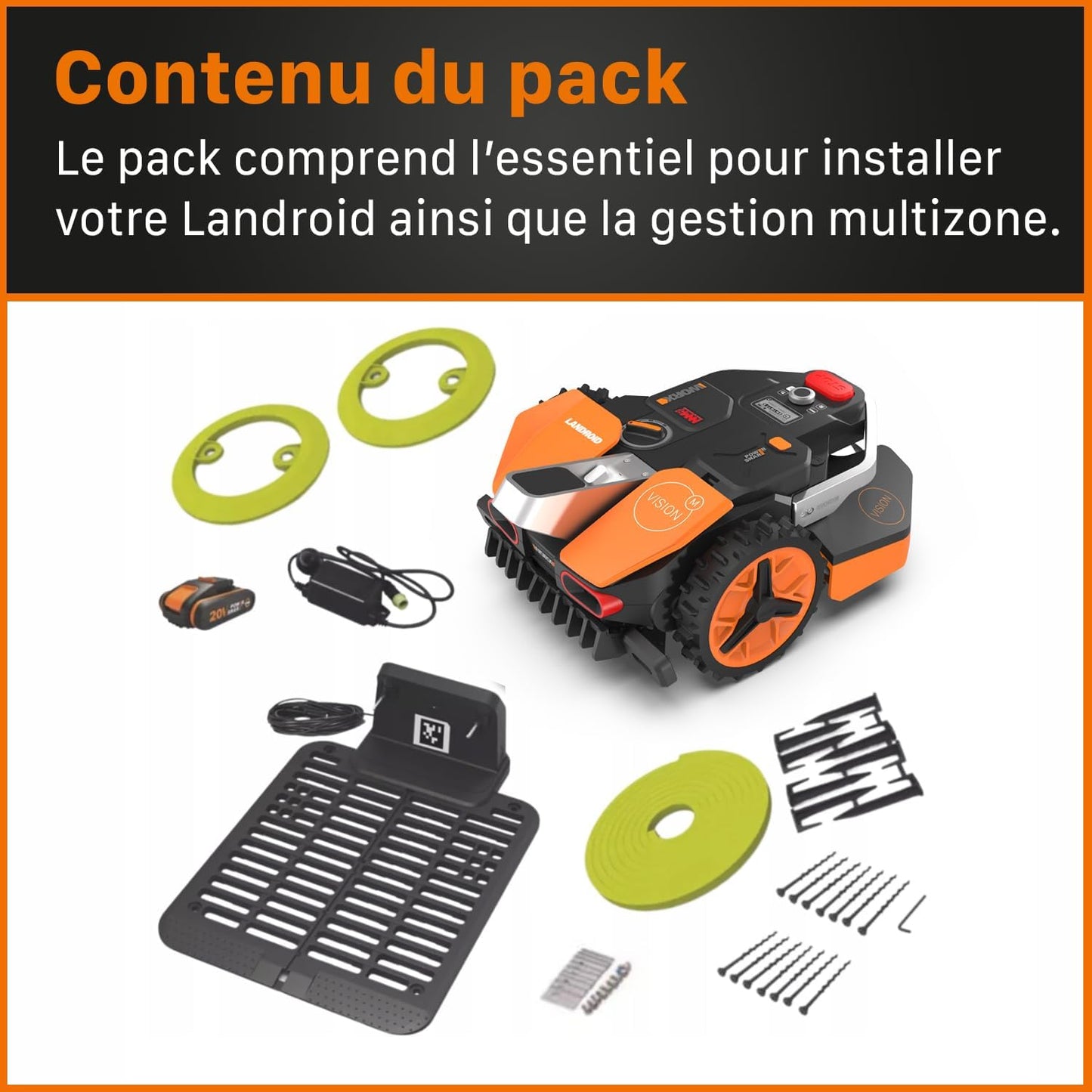 WORX Landroid Vision WR205E robot tondeuse 500m², IA, bordure, caméra