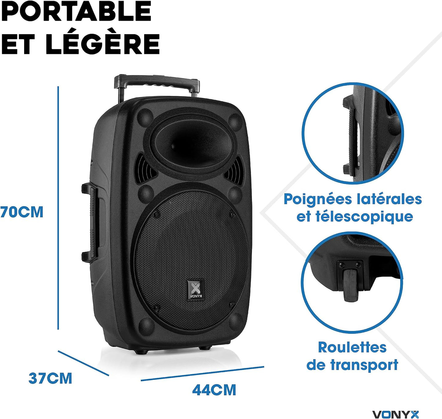 Vonyx Verve46 enceinte Bluetooth 1000W, 2 micros, roues, poignées, karaoké