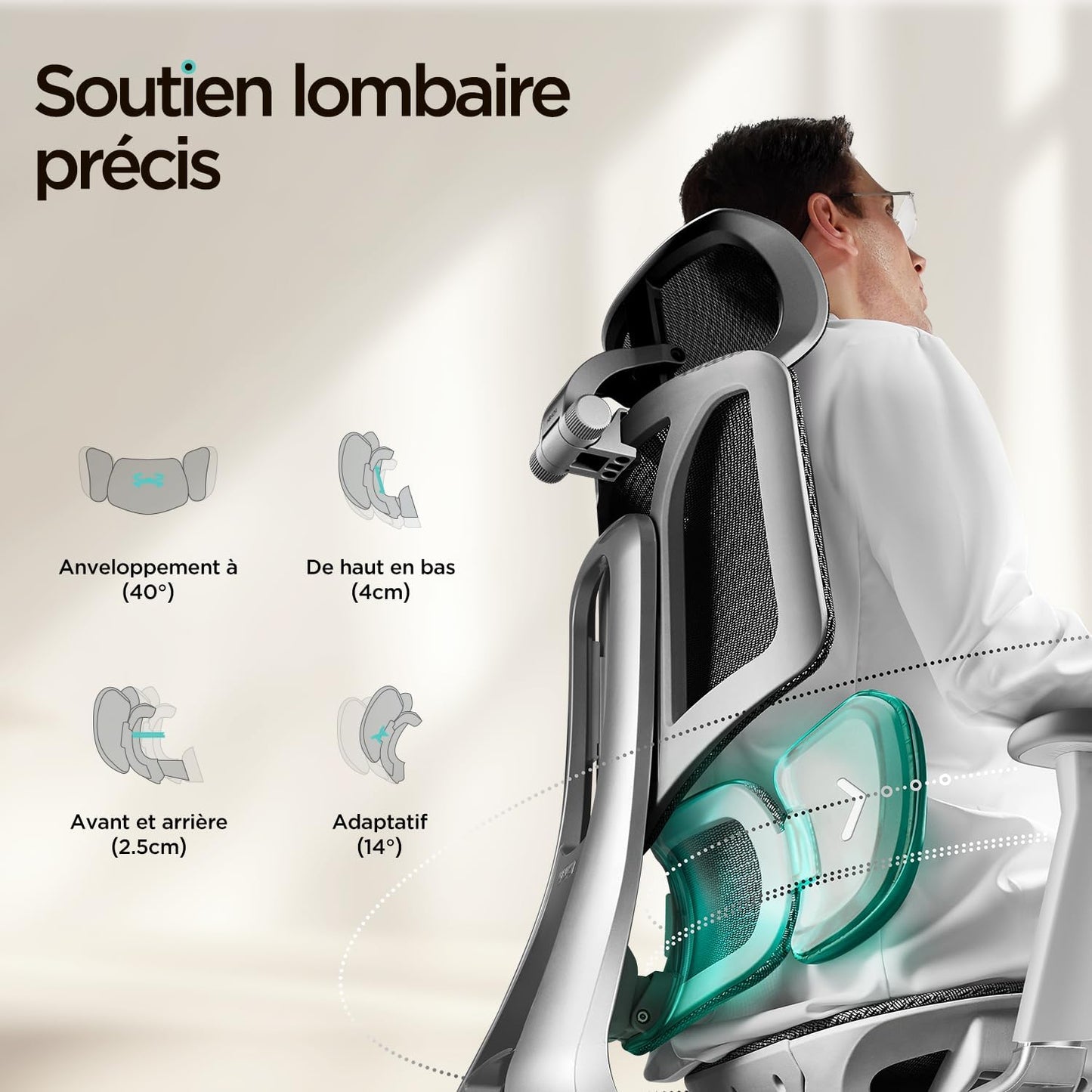 Hbada E3 Air fauteuil bureau ergonomique, 3 zones, accoudoirs/appui 3D, gris