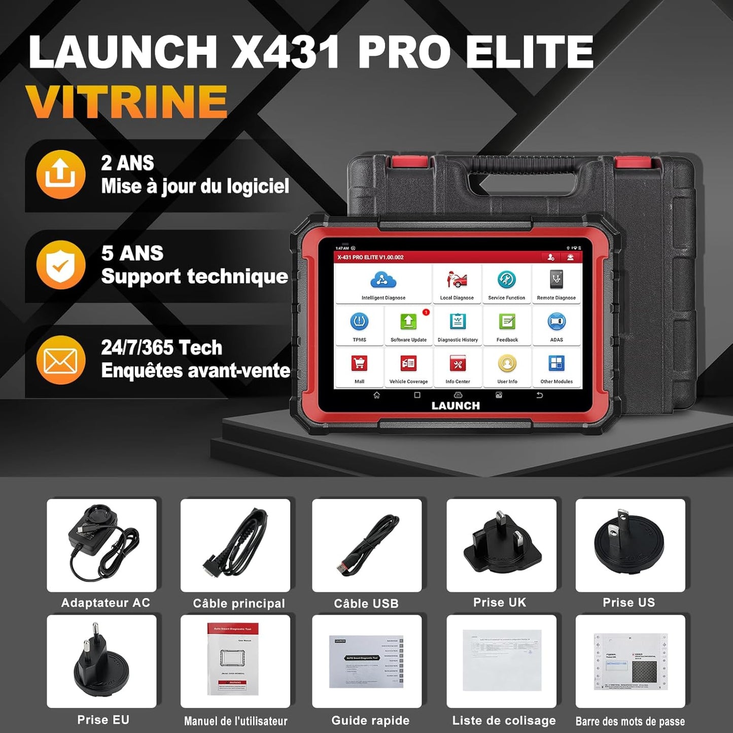 LAUNCH X431 Pro Elite valise OBD2, bi-directionnel, 38+ resets, ECU en ligne