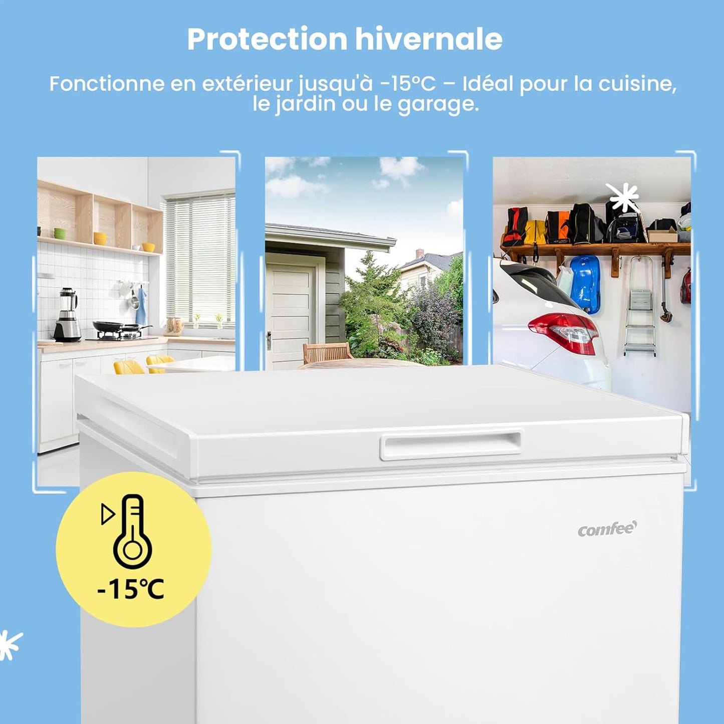 COMFEE' congélateur coffre 143L RCC146WH2EU, inverter, 4*, convertible, blanc