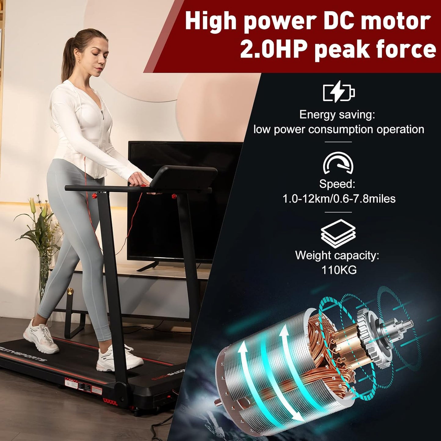 CITYSPORTS tapis course pliable 12km/h, LED, app, support tablette, noir/rouge