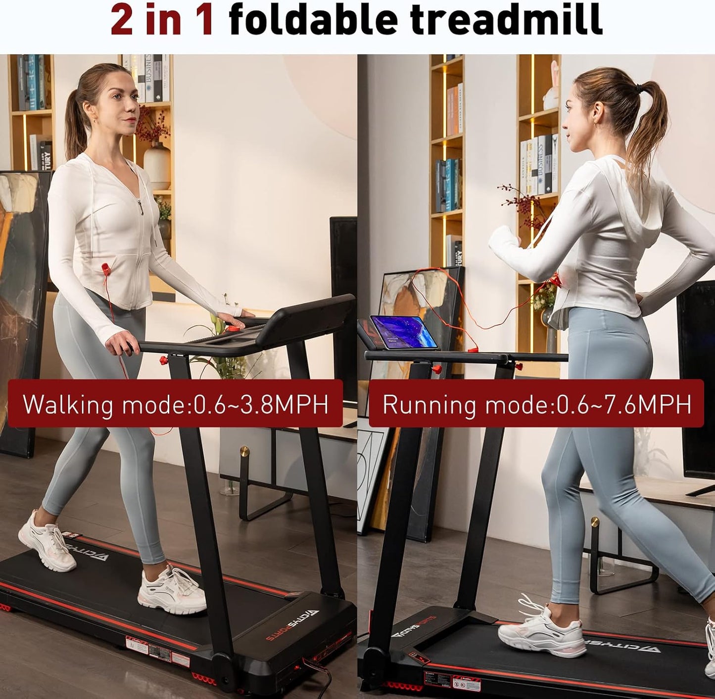 CITYSPORTS tapis course pliable 12km/h, LED, app, support tablette, noir/rouge