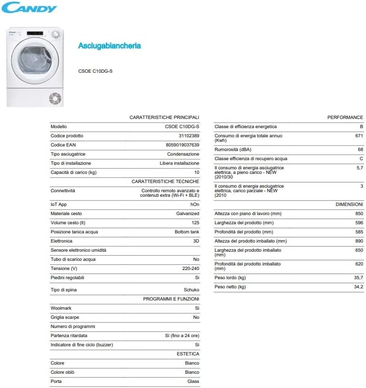 CANDY sèche-linge condensation CSOEC10DG-S, capacité 10kg