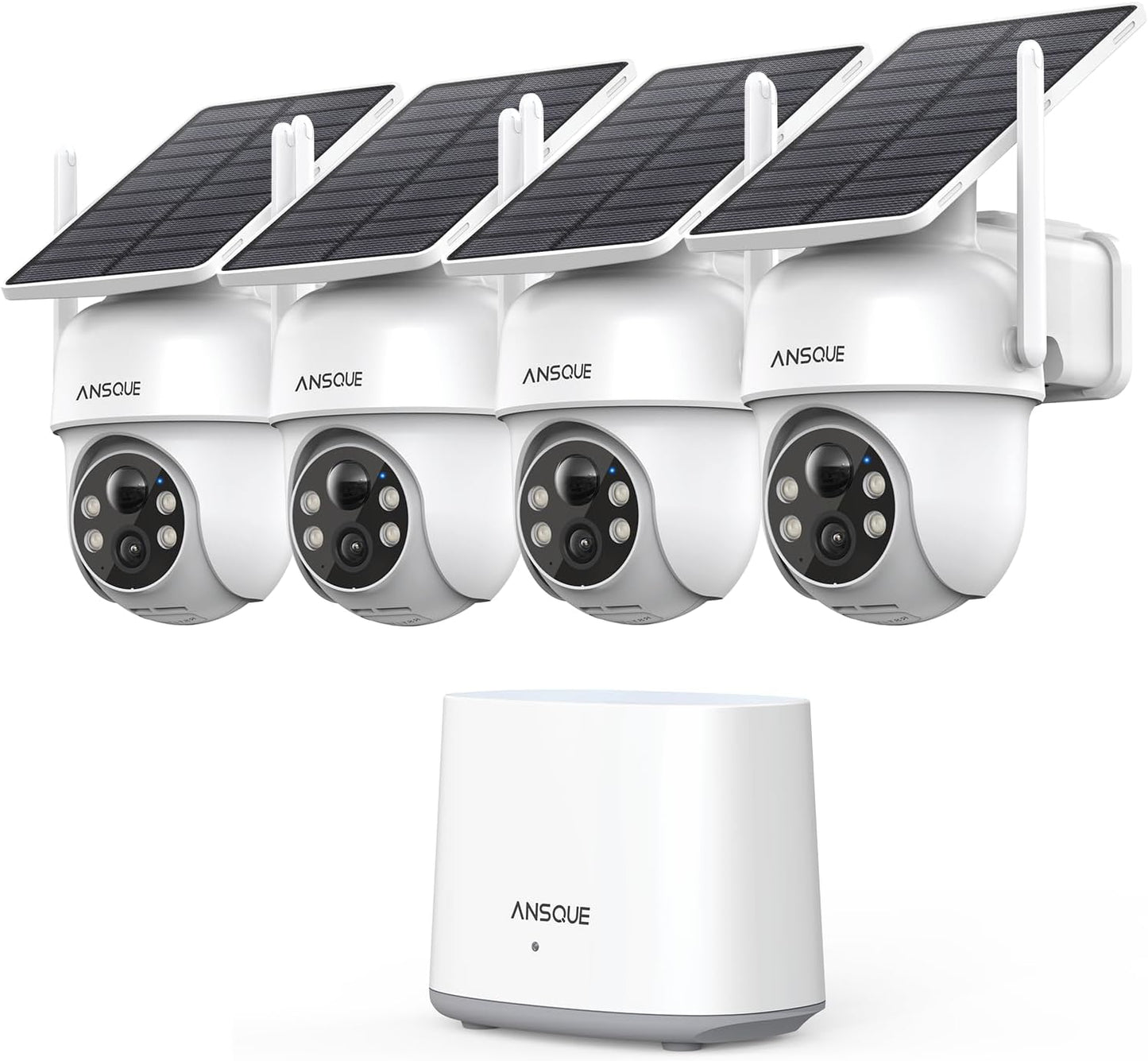 ANSQUE caméra surveillance WiFi 2K solaire, kit 4 caméras PTZ 360°, alarme couleur