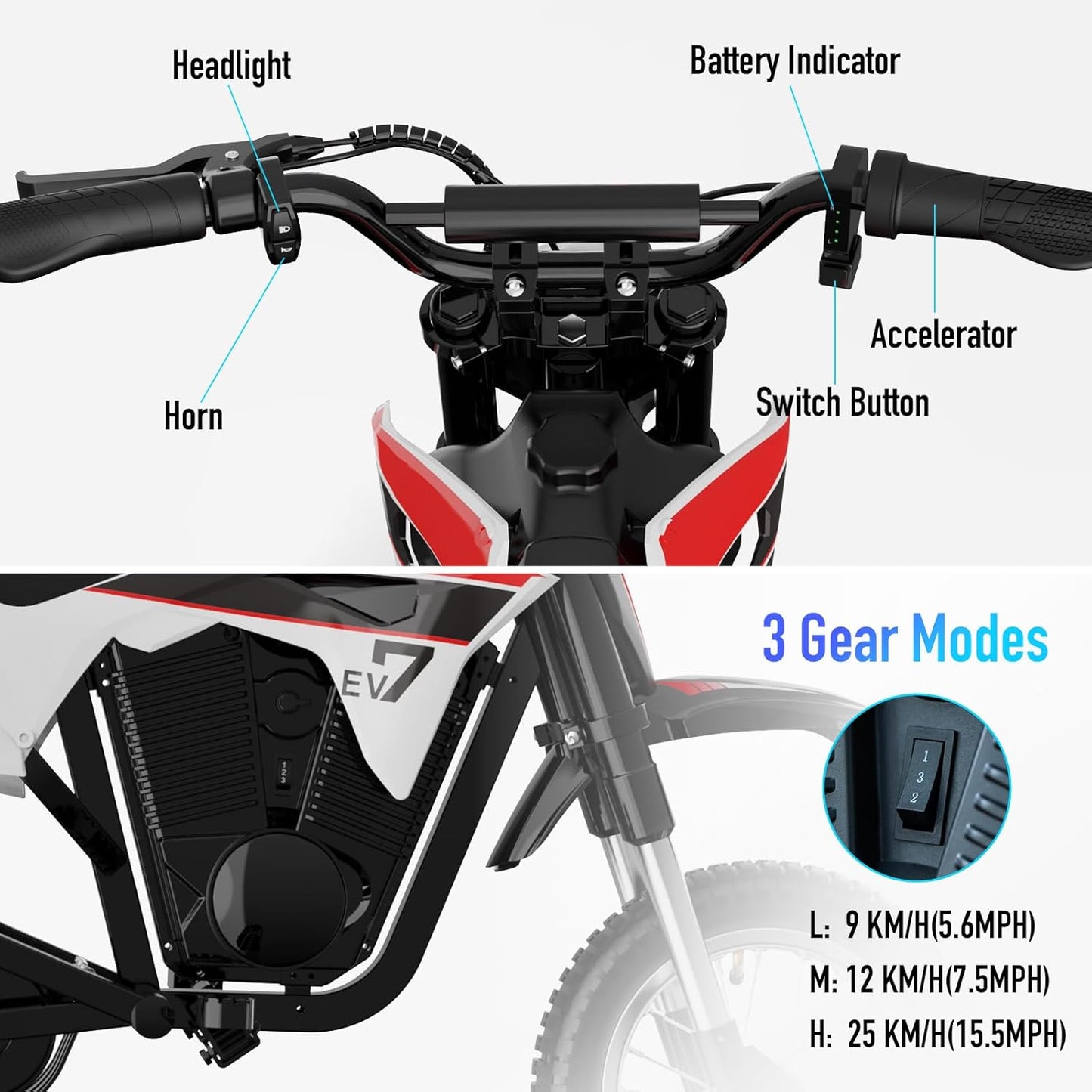 EVERCROSS EV12M Pro moto enfant 300W, LED, Bluetooth, autonomie 15km