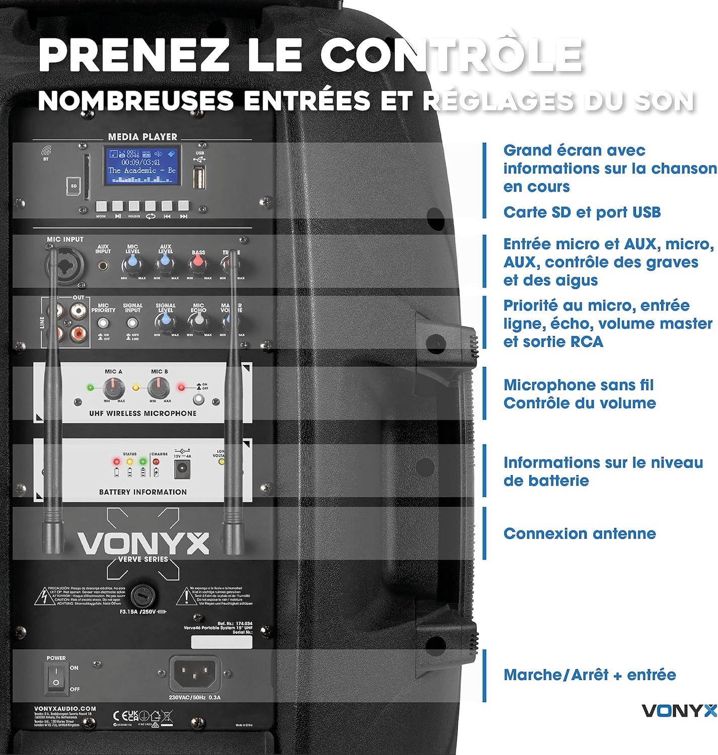 Vonyx Verve46 enceinte Bluetooth 1000W, 2 micros, roues, poignées, karaoké