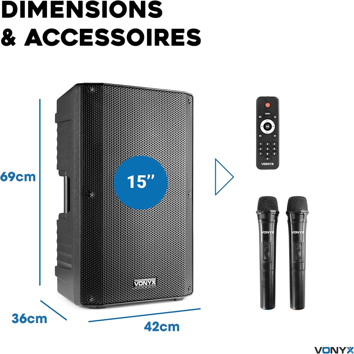 Vonyx VSA700 enceinte active 1000W, 15", BT, batterie, 8h autonomie, 2 micros