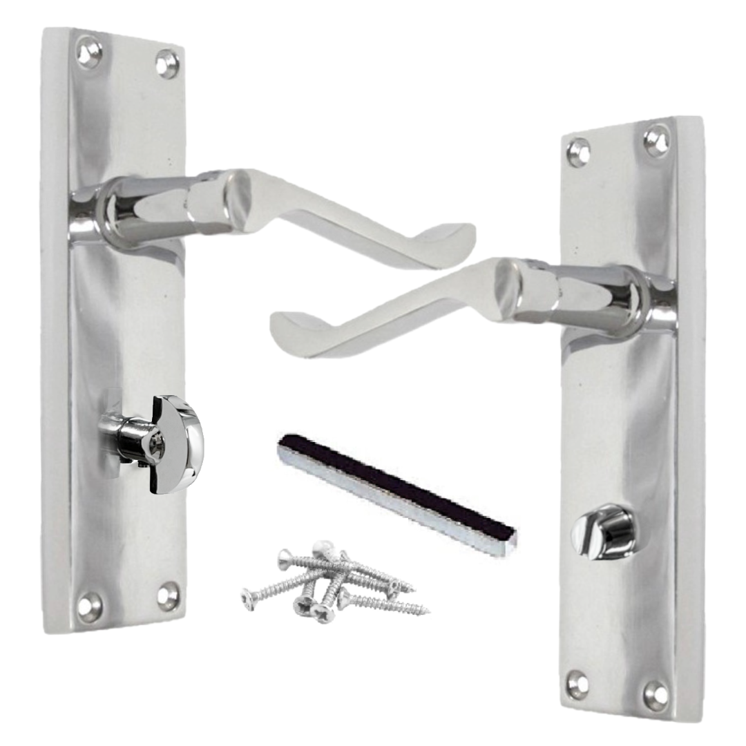 Poignées de porte de style victorien avec levier à volutes et serrure pour salle de bain - Chrome 150 x 40 mm