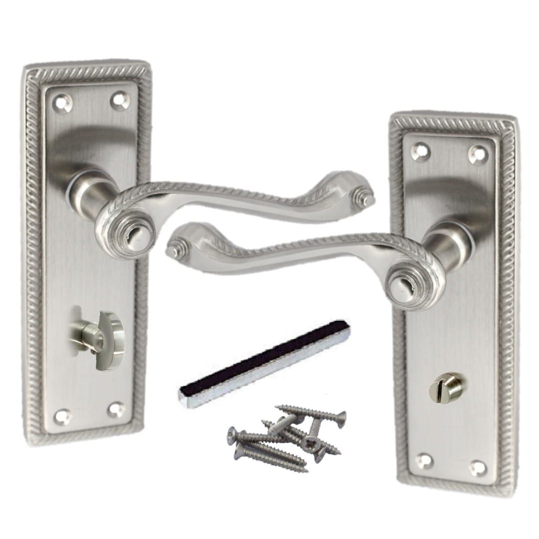 Poignées de porte de salle de bain style géorgien, levier, bord cordé, satiné, 150 mm x 50 mm