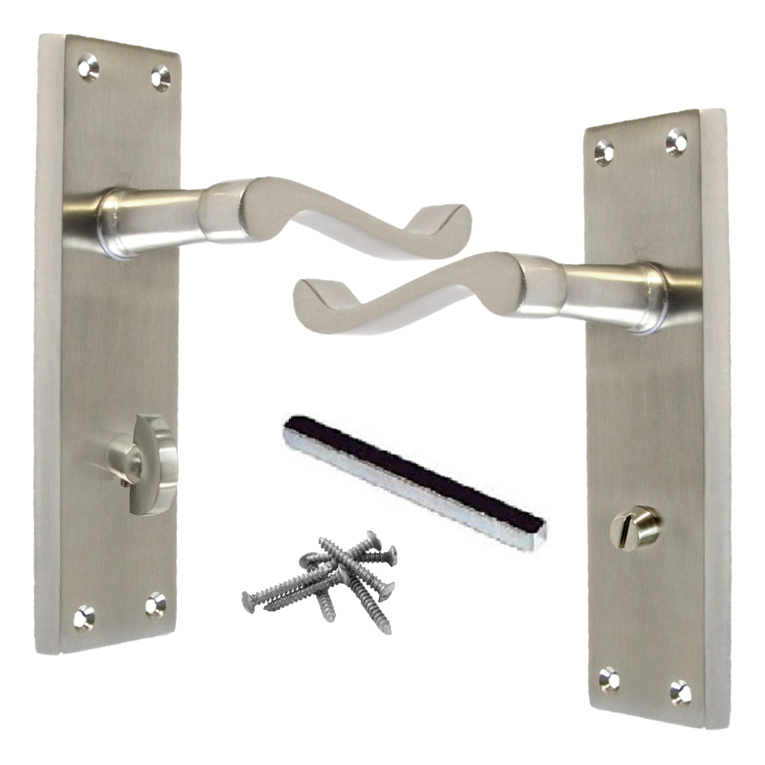 Poignées de porte de style victorien avec levier à volutes et serrure de salle de bain - Satin 150 x 40 mm