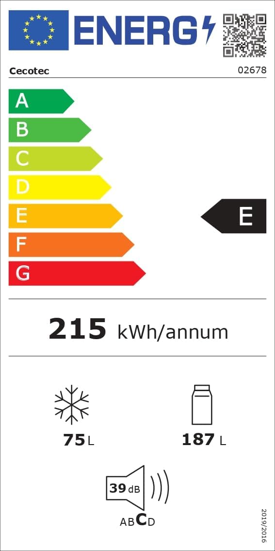 Cecotec réfrigérateur CoolMarket Combi 262L blanc, classe E, LED, verre, contrôle
