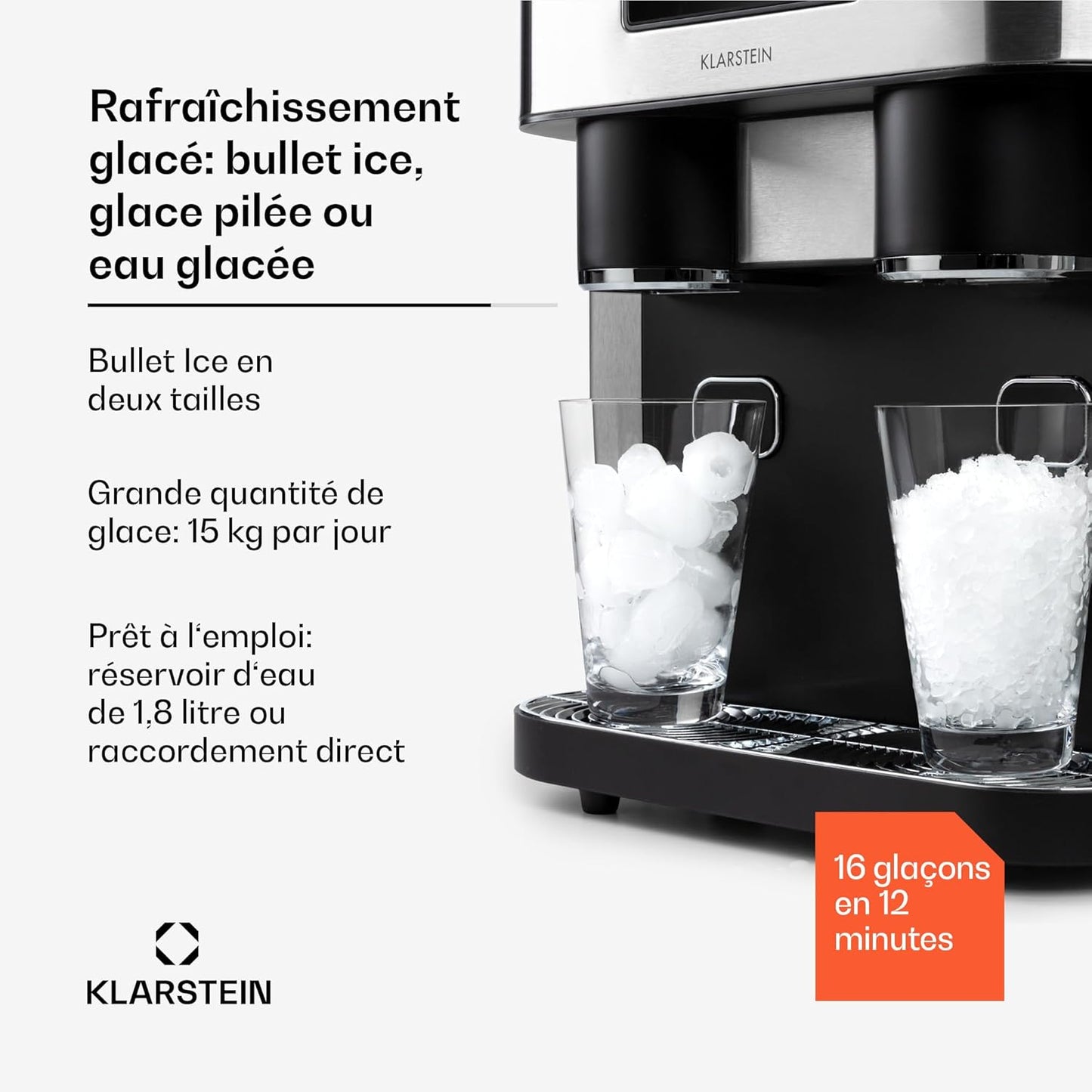 Klarstein machine glaçons 1.8L, 15kg/jour, concassés ou balles, alarme, nettoyage facile