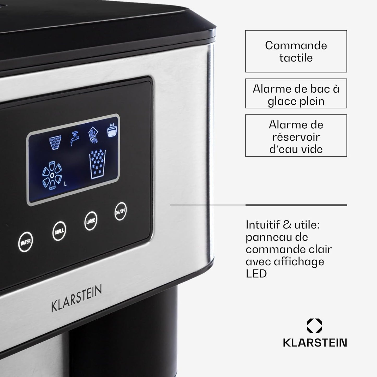 Klarstein machine glaçons 1.8L, 15kg/jour, concassés ou balles, alarme, nettoyage facile