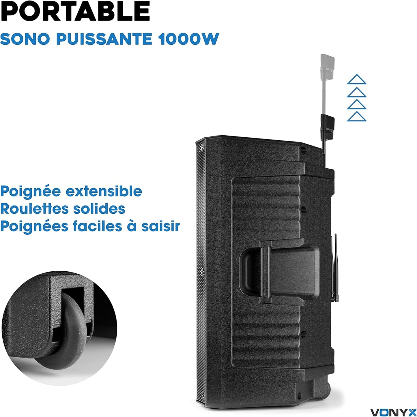 Vonyx VSA700 enceinte active 1000W, 15", BT, batterie, 8h autonomie, 2 micros