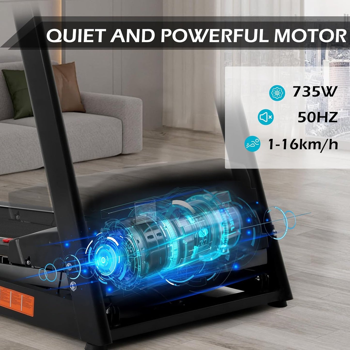 ISE tapis de course pliable 735W, LCD, 16km/h, Bluetooth, marche/course