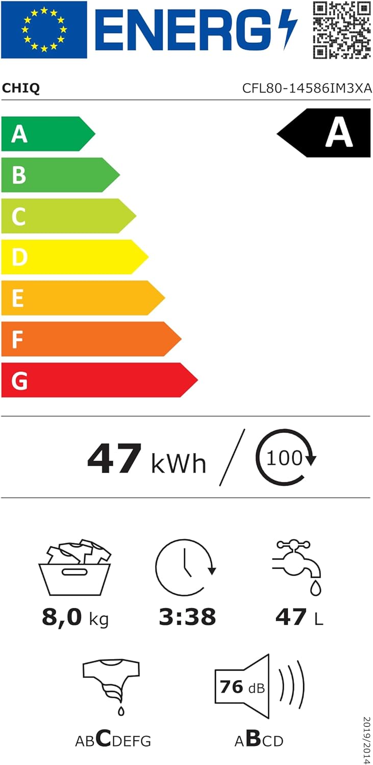 CHiQ lave-linge CFL80-14586IM3XA 8kg, moteur inverter, IA, vapeur, 1400tr/min