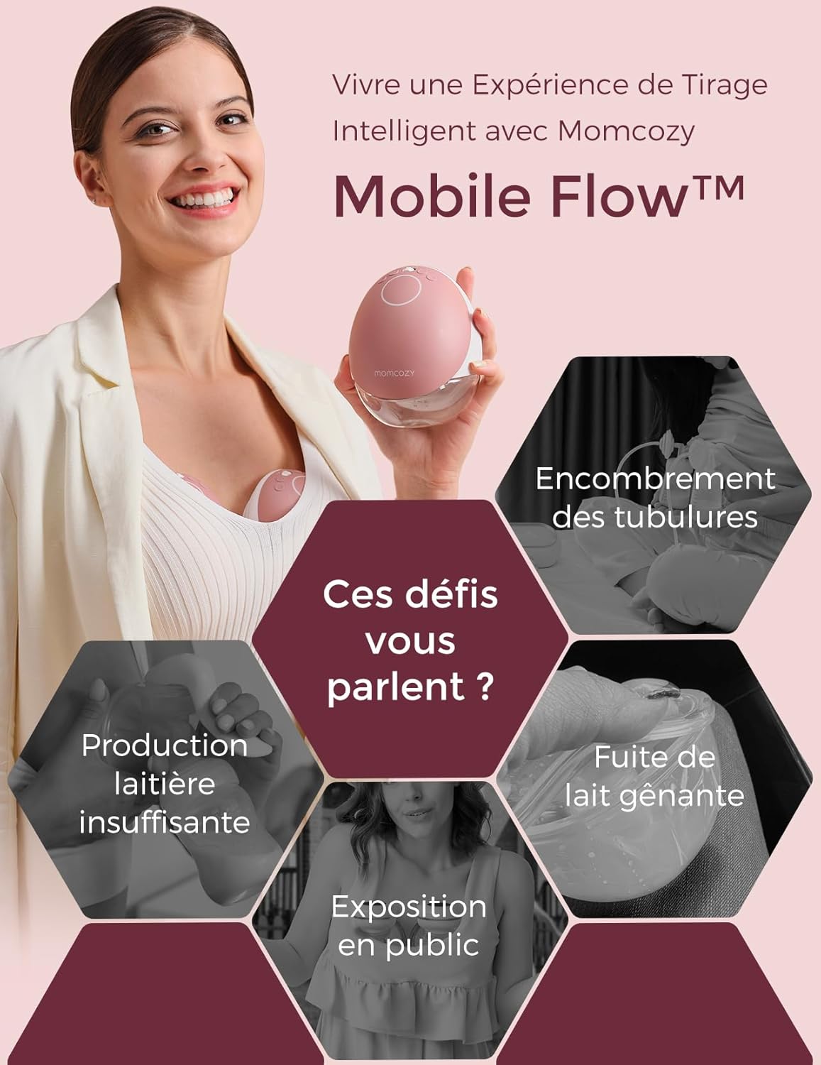 Momcozy M9 tire-lait électrique mains libres, 15 modes, app, double 24mm, rouge