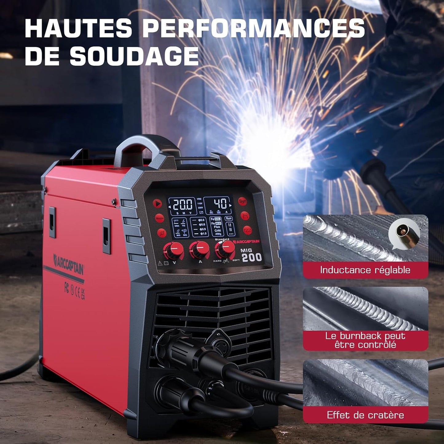 ARCCAPTAIN poste soudure MIG MAG 6-en-1, 200A, TIG, sans gaz, multi-process