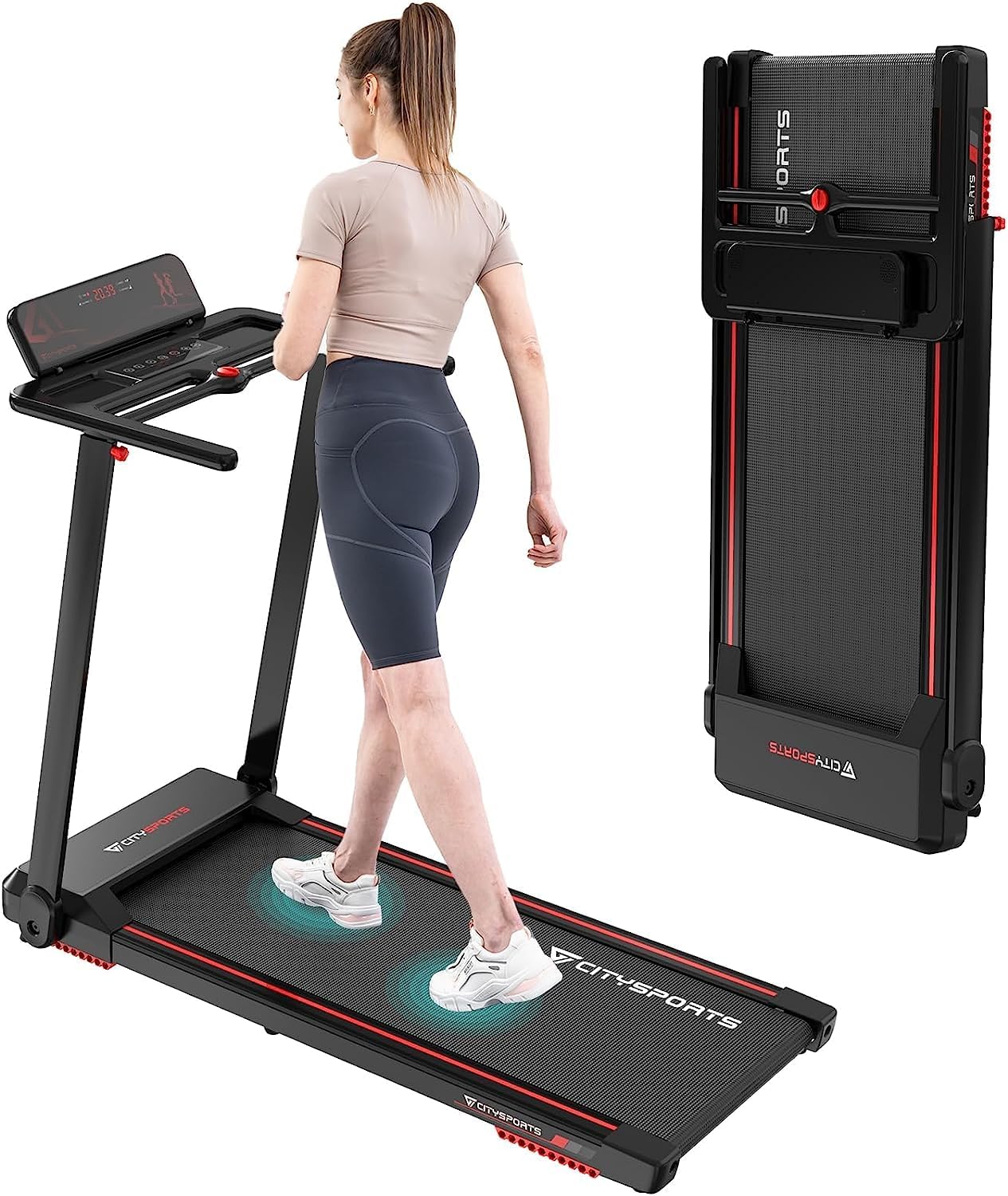 CITYSPORTS tapis course pliable 12km/h, LED, app, support tablette, noir/rouge