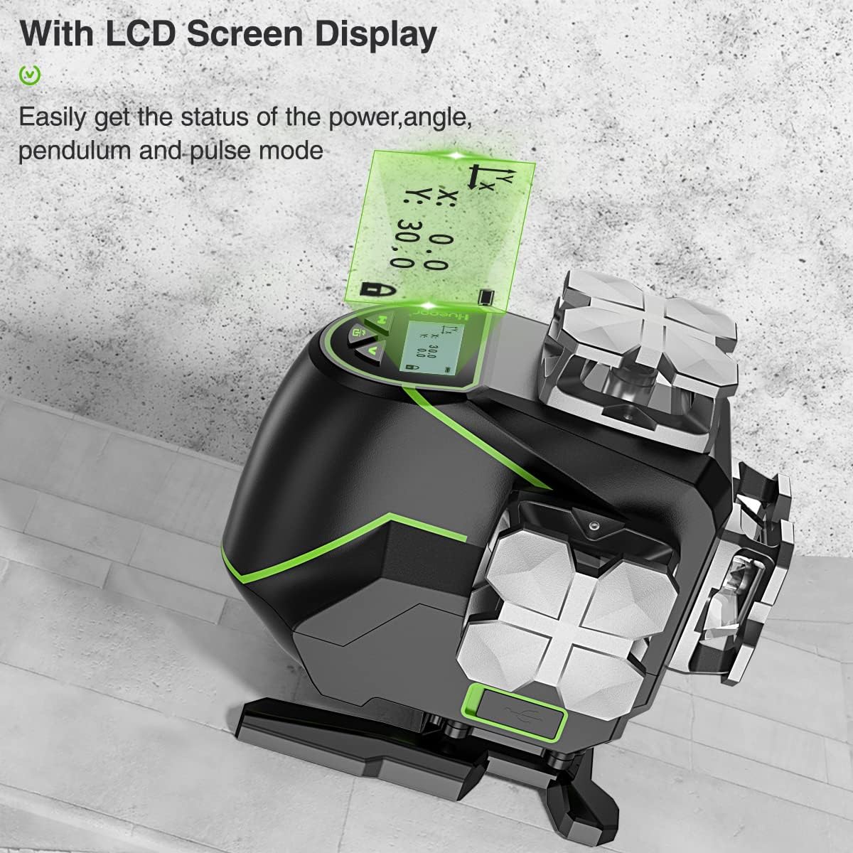 Huepar S04CG niveau laser LCD Bluetooth, vert, croisé, télécommande + mallette