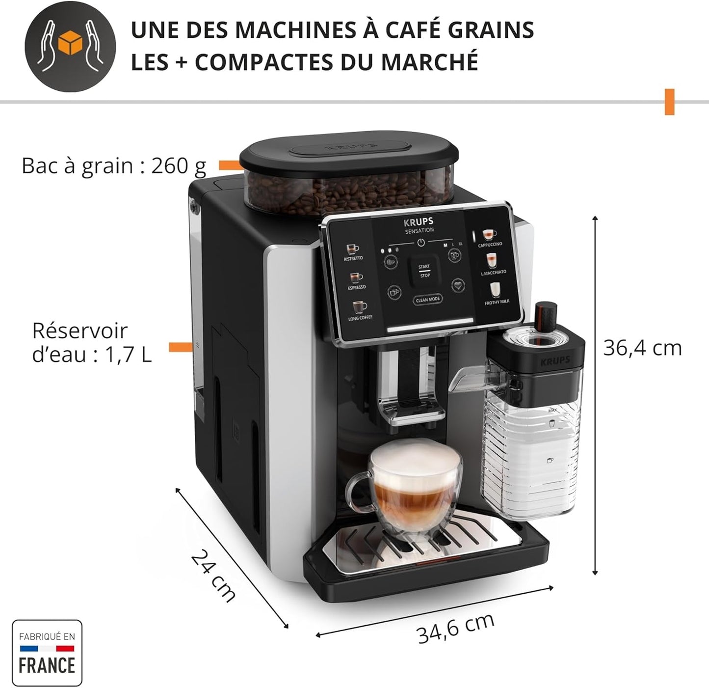 Krups Sensation Lait expresso grains, 6 boissons, carafe lait, EA912E10