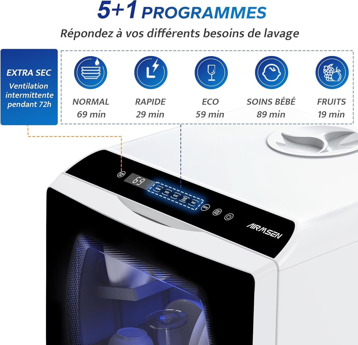 AIRMSEN mini lave-vaisselle 5+1 programmes, 5L, tactile, LED, blanc/noir