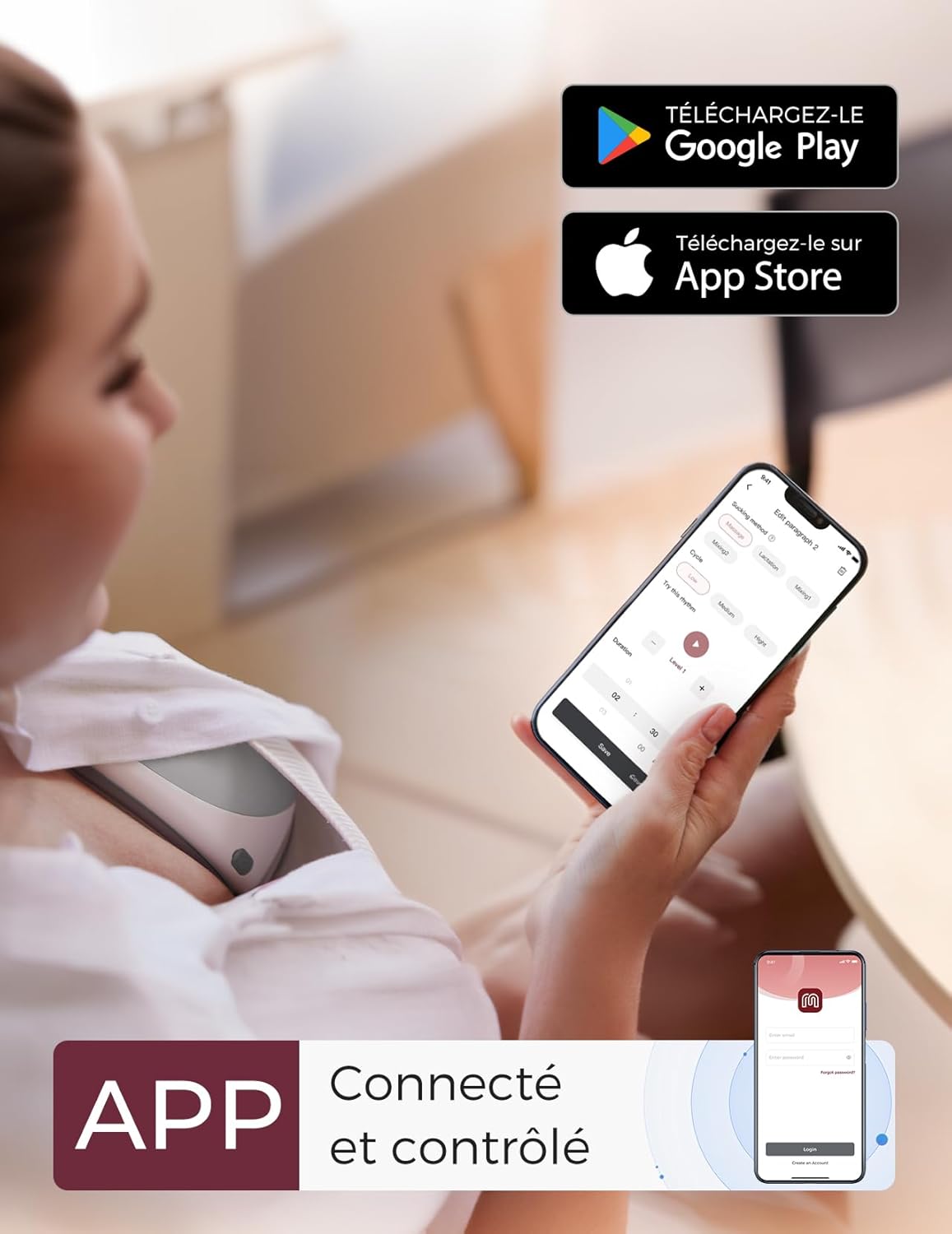 Momcozy M9 tire-lait électrique mains libres, 15 modes, app, double 24mm, rouge