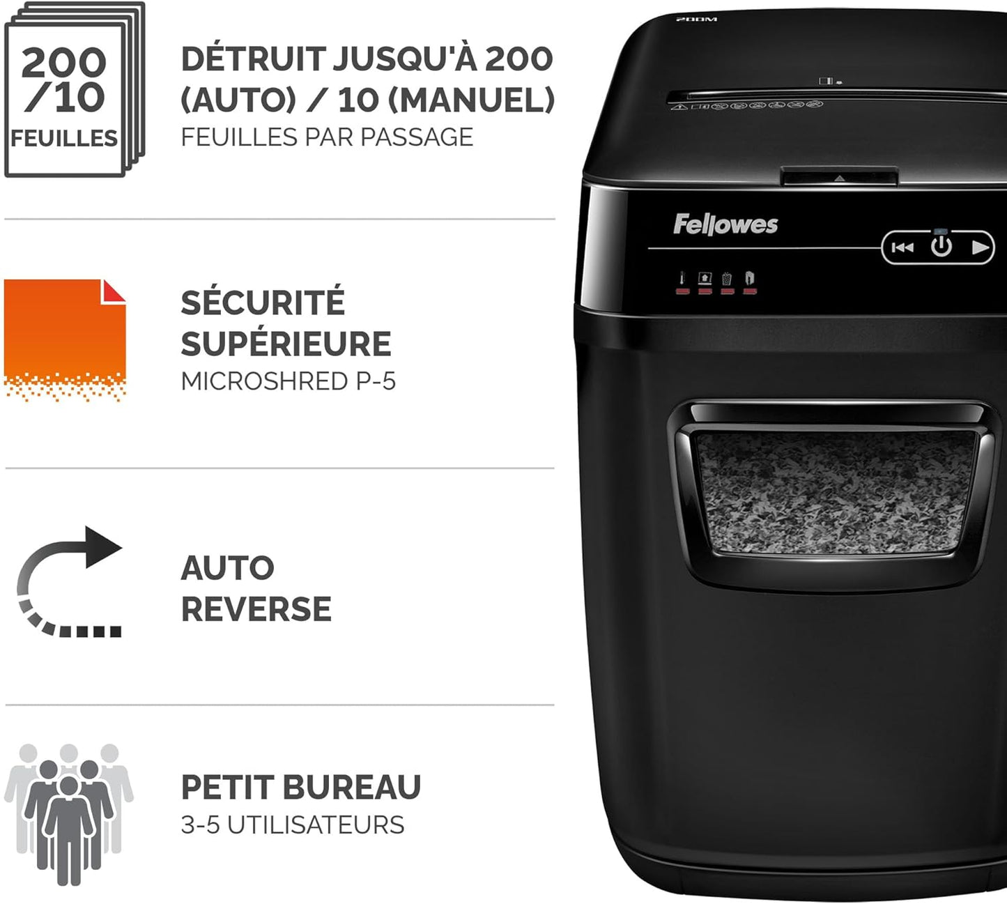 Fellowes destructeur Automax 200M, coupe croisée 200 feuilles, pro/domestique