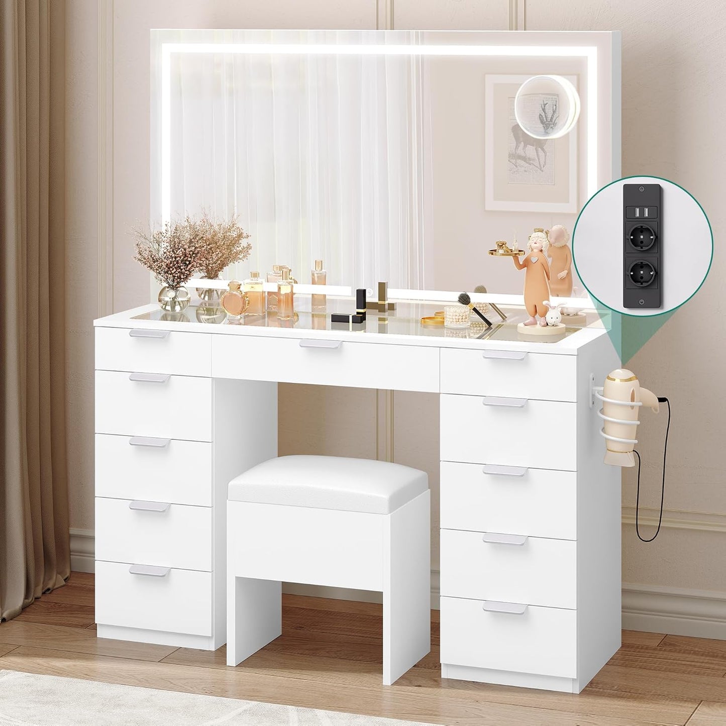 YITAHOME coiffeuse LED 3 couleurs, miroir + prise, 11 tiroirs, blanche