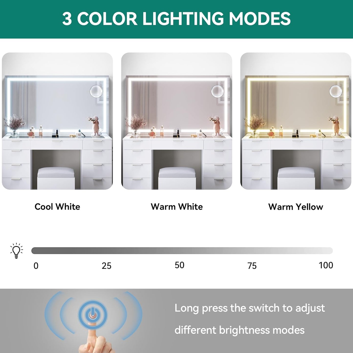 YITAHOME coiffeuse LED 3 couleurs, miroir + prise, 11 tiroirs, blanche