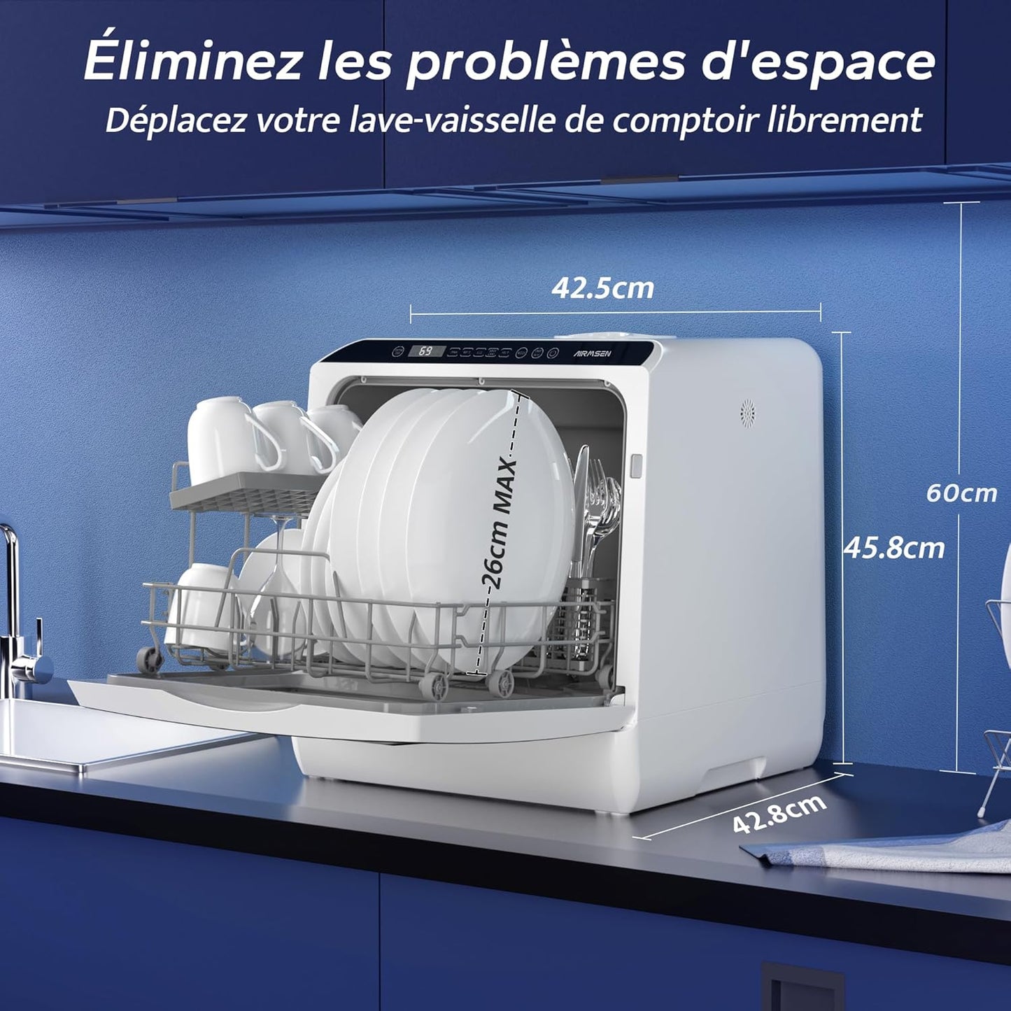 AIRMSEN mini lave-vaisselle 5+1 programmes, 5L, tactile, LED, blanc/noir