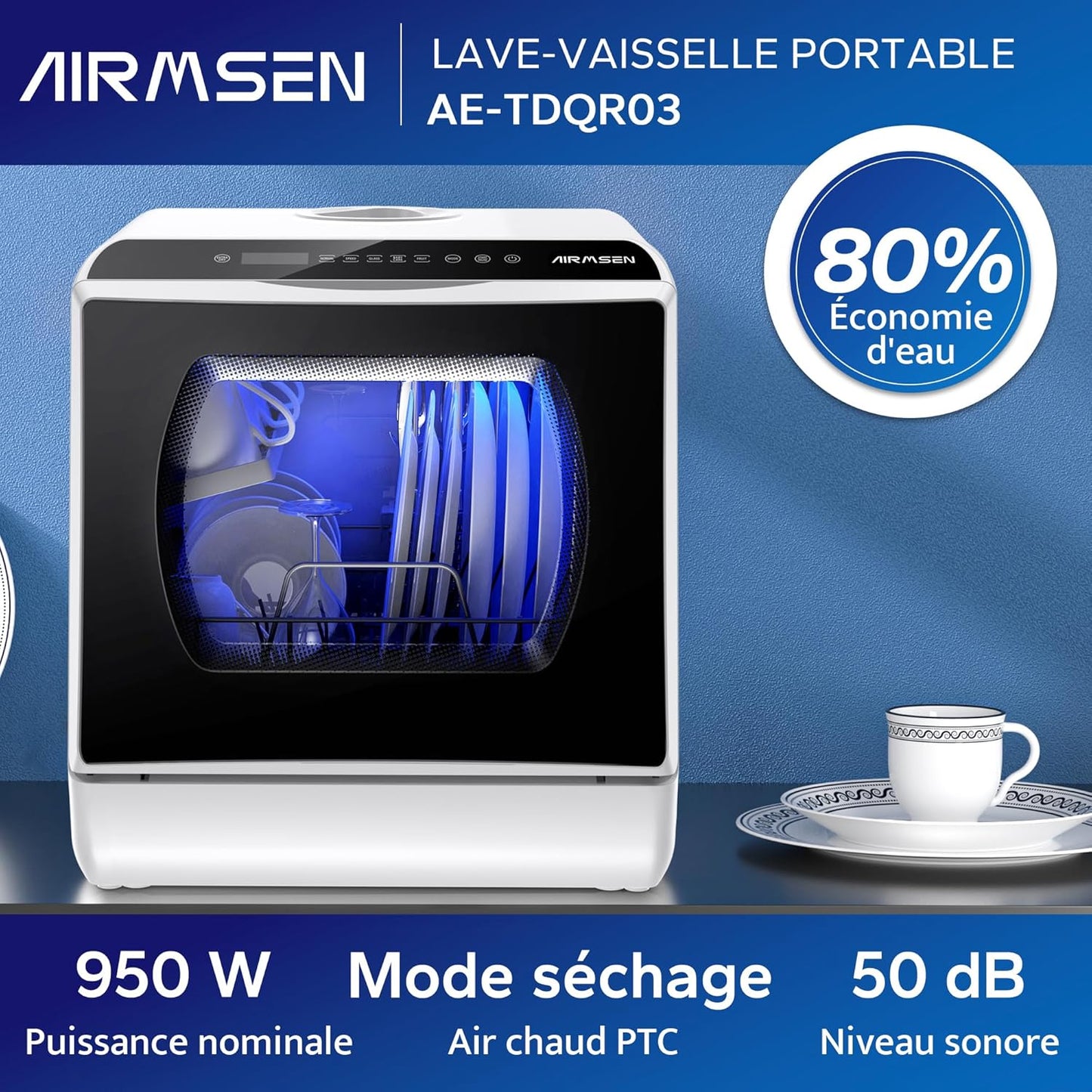 AIRMSEN mini lave-vaisselle 5+1 programmes, 5L, tactile, LED, blanc/noir