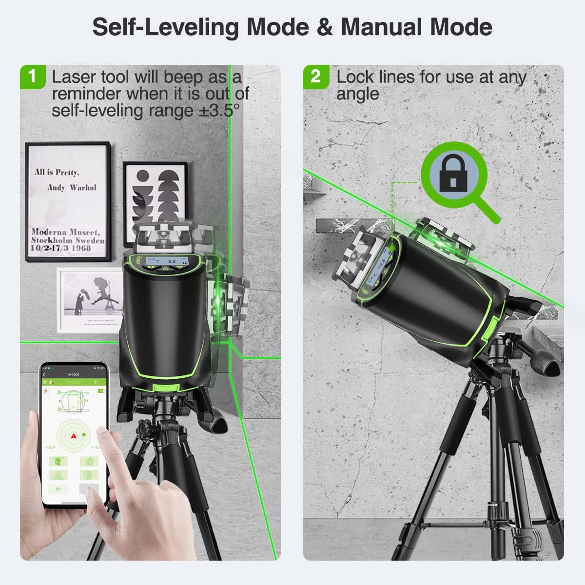 Huepar S04CG niveau laser LCD Bluetooth, vert, croisé, télécommande + mallette