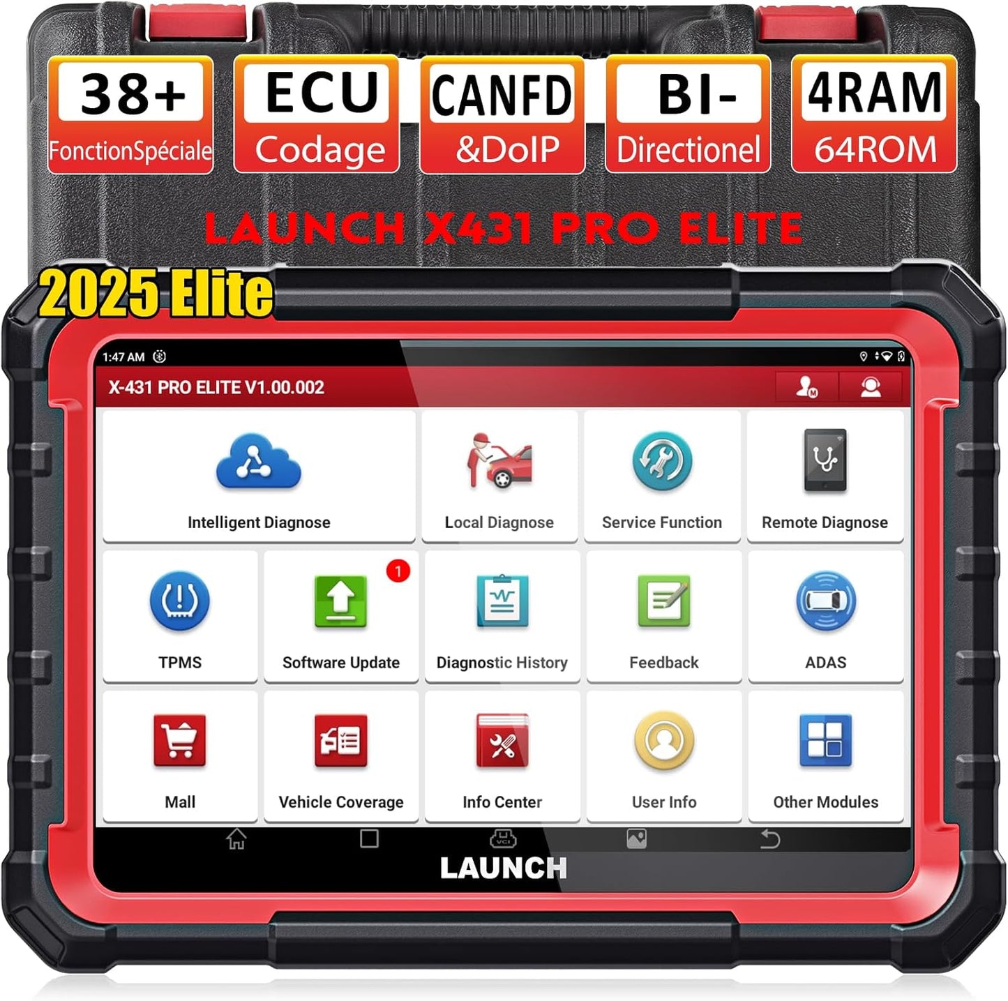 LAUNCH X431 Pro Elite valise OBD2, bi-directionnel, 38+ resets, ECU en ligne