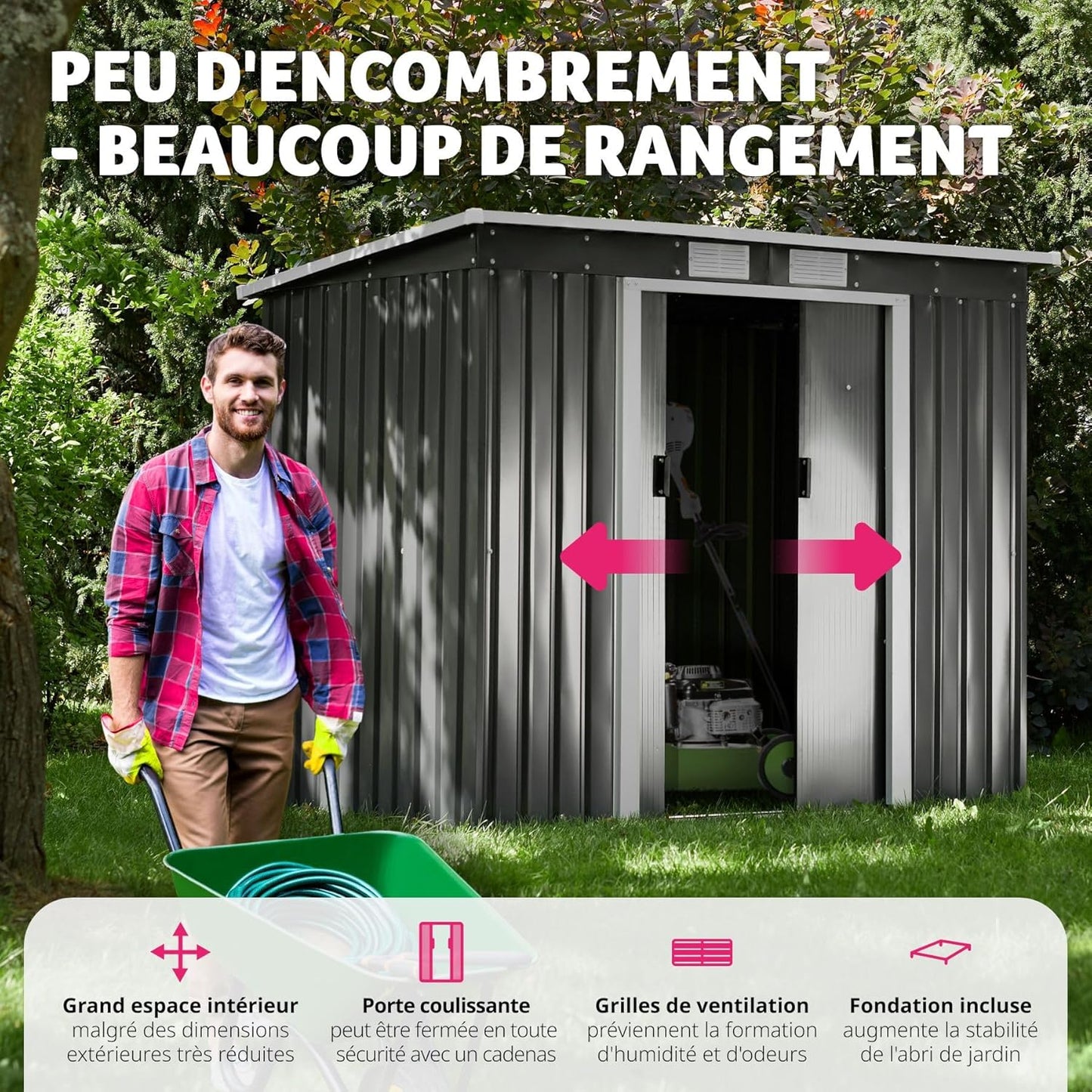 Tectake abri jardin métal 213x130x173cm monopente avec fondation, outils/moto