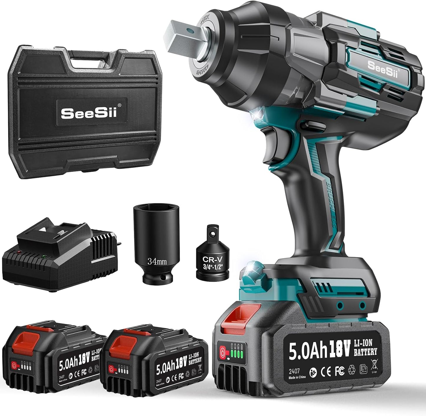 Seesii clé à chocs 1600Nm sans fil 3/4", 2x 18V batteries, 34mm douilles