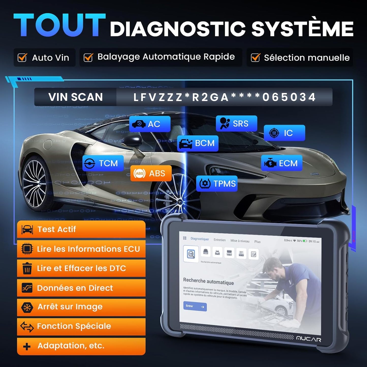 Mucar 892BT AI valise diagnostic auto, 34+ resets, bidirectionnelle, gratuit à vie