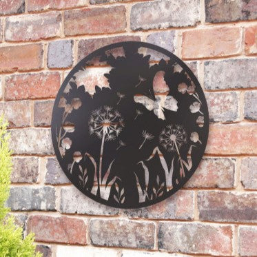 Décoration murale en métal avec silhouette de pissenlit et papillon rétroéclairé à l'énergie solaire – Décoration de jardin extérieur