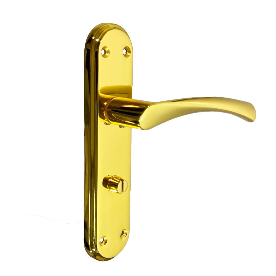 Poignées de porte Genova en laiton poli avec levier rotatif et serrure de salle de bain sur plaque arrière Marina moderne
