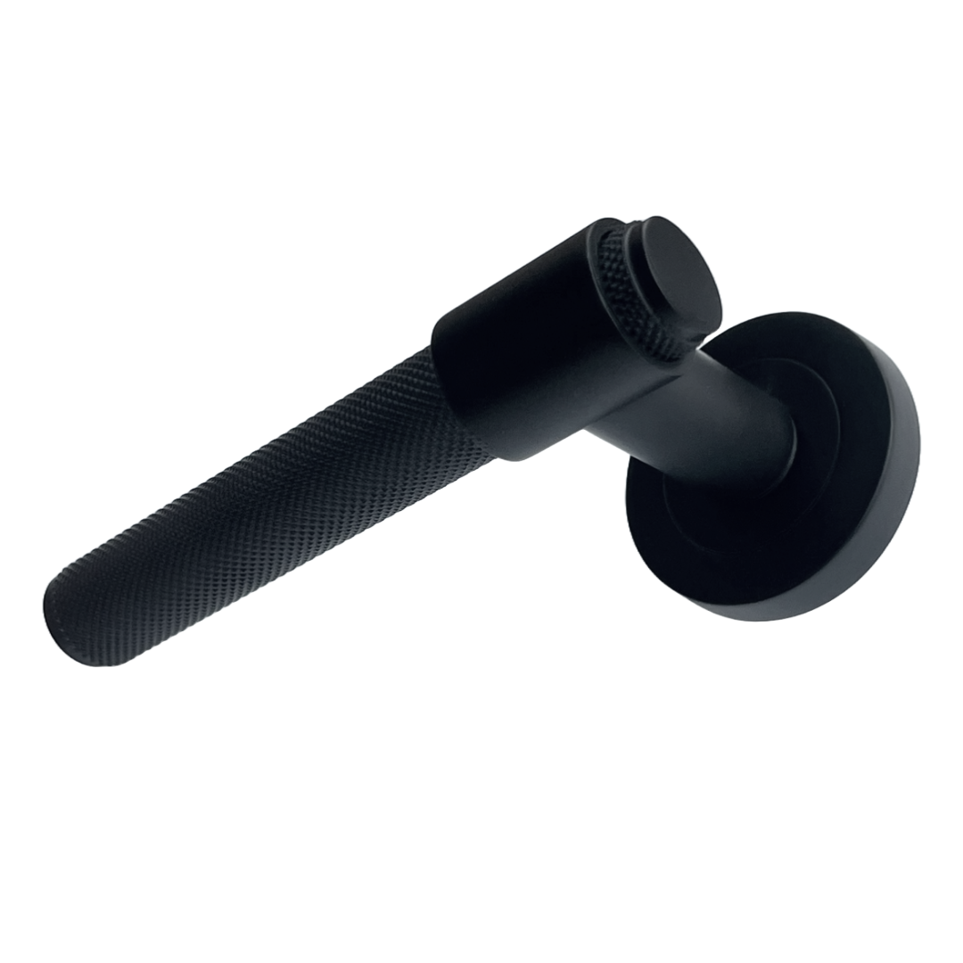 Poignées de porte moletées noir mat, boucle et col, levier sur rosace ronde, poignée de loquet de luxe