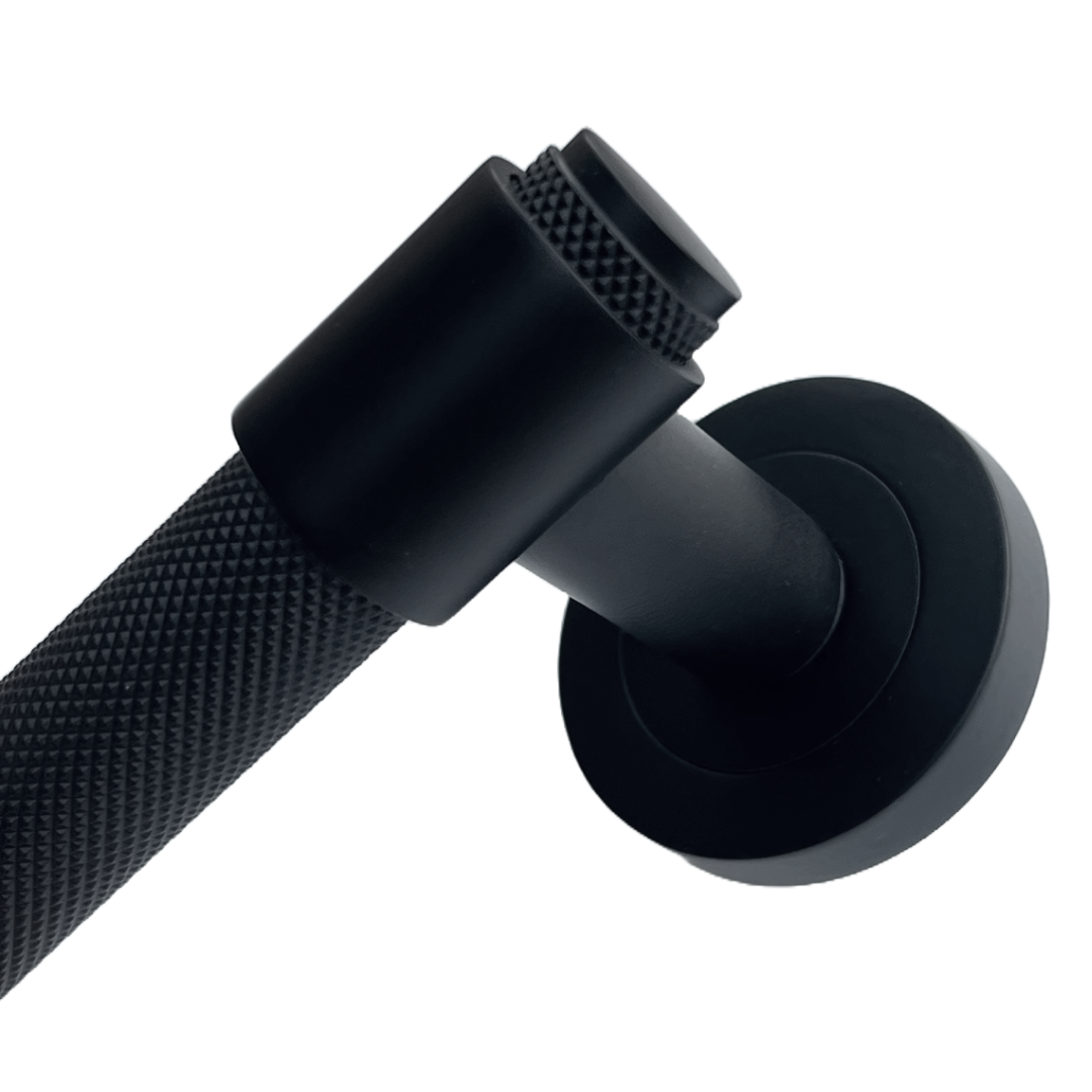 Poignées de porte moletées noir mat, boucle et col, levier sur rosace ronde, poignée de loquet de luxe