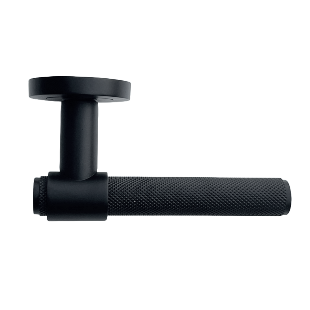 Poignées de porte moletées noir mat, boucle et col, levier sur rosace ronde, poignée de loquet de luxe